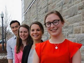 Fourth-year Queen's University students, Ryan Ho, left, Audrey Guay, Jennifer Lahey and Catherine Howell are excited to see the results of a years worth of work after completing their final presentation for their Heath, Program Design and Evaluation course at School of Kinesiology and Health Studies at Queen's University in Kingston. (Julia McKay/The Whig-Standard)