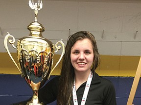 Cambridge Turbos' Taylor Campbell, 20, with the National Ringette League trophy. (CONTRIBUTED PHOTO)
