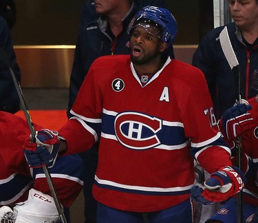 Montreal Canadiens P.K. Subban was shocked after getting ejected during second period action against the Ottawa Senators in Game 1 of the first round of the 2015 NHL playoffs at the Bell Centre in Montreal Wednesday April 15, 2015. (Tony Caldwell/Postmedia Network)
