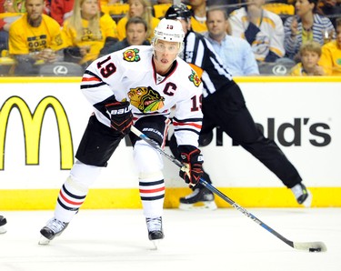 Chicago Blackhawks center Jonathan Toews skates with the puck during the first period against the Nashville Predators in game one of the first round of the 2015 NHL playoffs at Bridgestone Arena on April 15, 2015. (Christopher Hanewinckel/USA TODAY Sports)