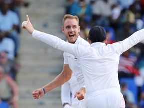 England's Stuart Broad celebrates the wicket of West Indies' Marlon Samuels. (Reuters)
