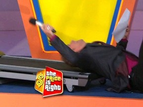 The announcer of The Price Is Right, George Gray, falls on a treadmill during the show. (Screen shot)
