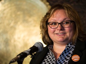 Sarah Hoffman announces her candidacy for the NDP for the provincial riding of Edmonton-Glenora at Cafe Beirut in Edmonton, Alta., on Monday, Jan. 19, 2015. Hoffman is the former board chair of the Edmonton Public School Board. Ian Kucerak/Edmonton Sun
