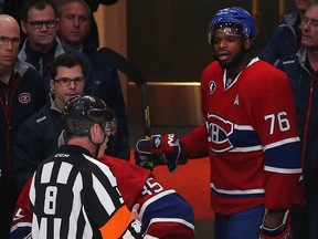Montreal Canadiens P.K.Subban talks to the referee after getting kicked out of the game during second period action against the Ottawa Senators at the Bell Centre in Montreal Wednesday April 15,  2015. The Senators and Canadiens were playing game one of the Stanley Cup Playoffs.  Tony Caldwell/Postmedia Network