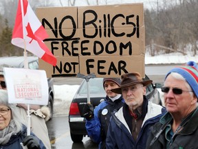 About 100 people in Belleville, Ont. join the cross-Canada protest against Bill C-51 to express their concerns about the Conservatives Government's anti-terror bill on March 14, 2015.  - Jerome Lessard/Postmedia Network