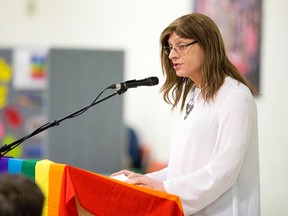 Jennifer Wenn, a transgender woman, addresses the Gay Straight Alliance Conference at the Thames Valley District school board headquarters on Dundas St. in London on Thursday. Wenn lived as a man until 2012. (CRAIG GLOVER, The London Free Press)