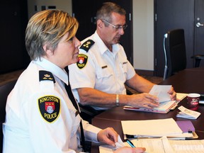 From left, Deputy Chief Antje McNeely and Chief of Police Gilles Larochelle at the Kingston Police Services Board meeting on Thursday. (Steph Crosier/The Whig-Standard)