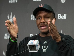 Raptors coach Dwane Casey speaks at a news conference at the Air Canada Centre in Toronto on April 16, 2015. (CRAIG ROBERTSON/Toronto Sun)