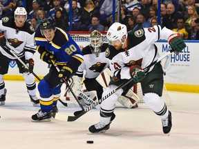 St. Louis Blues left winger Alexander Steen chases Minnesota Wild centre Kyle Brodziak in the second period in game one of the first round of the 2015 NHL playoffs at Scottrade Center on April 16, 2015. (Jasen Vinlove/USA TODAY Sports)