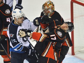 The Jets and Ducks mix it up in Anaheim on Thursday. (GARY A. VASQUEZ/USA Today Sports)