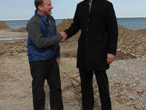 Mayor of Bluewater, Tyler Hessel and MP for Huron-Bruce, Ben Lobb on hand to announce funding to repair the Bayfield Harbour.