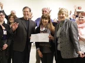 A cheque for $87,600 was presented by the Trillium Grant Foundation for an accessible elevator in Hensall Heritage Hall. Pictured are Councillor Marnie Hill, Deputy Mayor Jim Fergusson, Chair of the Ontario Trillium Foundation local Grant Review Team Rena Spevack and Chair of the Hensall Heritage Hall Board, Kay Wise. (Laura Broadley/Clinton News Record)