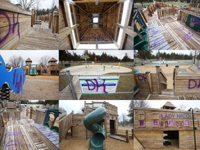 Belleville police are investigating this act of vandalism at the Pirate Ship playground at Rick Meagher/Medigas Rotary Play Park in West Riverside Park. These graffitis were painted in the area sometime earlier this week. (Friday, April 17, 2015) -  Jerome Lessard/Belleville Intelligencer/Postmedia Network