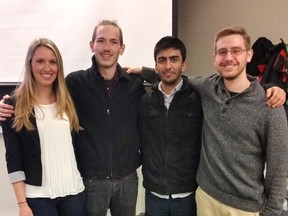 Corunna's Lauren Jans is part of a student team from the University of Guelph, with, from left, Nic Durish, Aftab Ahmad and Justin Gruber, working to develop a smart compost bin they call Sustain-a-Bin. Handout/Sarnia Observer/Postmedia Network