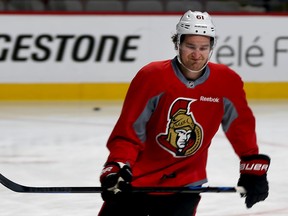 Ottawa Senators Mark Stone during morning skate at the Bell Centre in Montreal Friday April 17  2015. Stone was on the ice trying to shoot the puck and to see how his injured wrist was doing.  Tony Caldwell/Postmedia Network