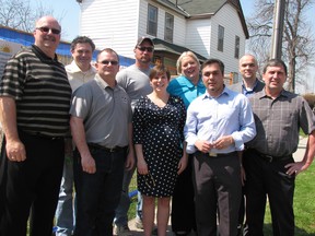 Partners and supporters of the Chatham-Kent Hospice project celebrated the launch of the construction project and a new fundraising campaign in Chatham on Friday. From left: Mike Lowther, Erie St. Clair LHIN; Derek Robertson, Chatham-Kent councillor; Bill Mason and Darren Maw of Westhoek Construction; Jessica Smith, executive director; Jennifer Wilson, board chair; Marco Raposo of ROA Studio Inc.; Jim Laforet, construction committee chair; and Doug Brown of ROA Studio.(Blair Andrews/Chatham This Week)