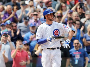Cubs infielder Kris Bryant comes up to bat during the first inning against the Padres at Wrigley Field in Chicago on Friday, April 17, 2015. (Jerry Lai/USA TODAY Sports)