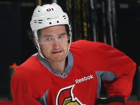 Ottawa Senators Mark Stone during morning skate at the Bell Centre in Montreal Friday April 17  2015. Stone was on the ice trying to shoot the puck and to see how his injured wrist was doing.  
Tony Caldwell/Ottawa Sun/Postmedia Network