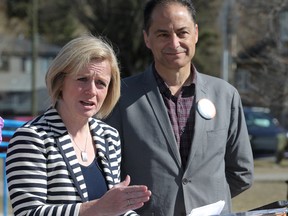 NDP Leader Rachel Notley speaks to the media at the Helicopter Playground in NW Calgary, Alta.  on Thursday April 16, 2015. She is joined by NDP candidates Joe Ceci (R). Stuart Dryden/Calgary Sun/Postmedia Network