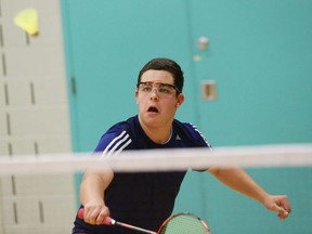 A.J. Martell, of Ecole Secondaire du Sacre-Coeur, competes in a junior boys' single match at the NOSSA badminton championship at St. Benedict Catholic Secondary School on Friday . John Lappa/Sudbury Star