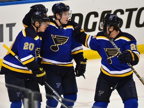 Vladimir Tarasenko (center) celebrates with teammates Alexander Steen (left) and Kevin Shattenkirk (right) after scoring a gaol against the Minnesota Wild. (Jasen Vinlove/USA TODAY Sports)