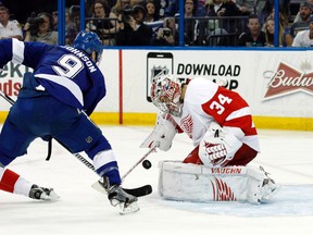 Tampa Bay Lightning centre Tyler Johnson (9) is stopped by Detroit Red Wings goalie Petr Mrazek during the second period of Game 2 Saturday at Amalie Arena. (Kim Klement/USA TODAY Sports)