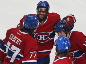 Montreal Canadiens P.K. Subban celebrates his team's overtime victory against the Ottawa Senators at the Bell Centre in Montreal Friday April 17,  2015. The Montreal Canadiens defeated the Ottawa Senators 3-2 in overtime and took a 2-0 lead in the series.  
Tony Caldwell/Postmedia Network