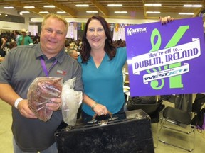 Local beef jerky king Trent Wilhauk and wife Nicolle spent almost $25,000 supporting Friday's Karma Concert in Leduc. One item they purchased was a surprise vacation to Ireland, where they plan to take a suitcase full of Wilhauk Jerky to enjoy with the Guinness (SUPPLIED)