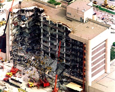 An aerial view taken April 27, 1995, shows damage to the Alfred P. Murrah Federal Building after a truck bomb ripped the structure apart in Oklahoma City, in this file photo taken April 19,1995.  Sunday marks the 20th anniversary of the bombing - the nation's worst act of domestic terrorism - that killed 168 people.  Anti-government militant Timothy McVeigh, who conceived and carried out the attack, was executed in 2001. His accomplice Terry Lynn Nichols is in prison for life.   REUTERS/Win McNamee/Files