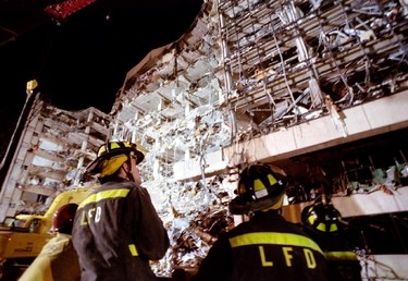 Firemen examine the wreckage of the Alfred P. Murrah Federal Building after a 1200 pound truck bomb blew off the north side of the building in downtown Oklahoma City, in this file photo taken April 20, 1995.  Sunday marks the 20th anniversary of the bombing - the nation's worst act of domestic terrorism - that killed 168 people.  Anti-government militant Timothy McVeigh, who conceived and carried out the attack, was executed in 2001. His accomplice Terry Lynn Nichols is in prison for life.   REUTERS/Pool/Files