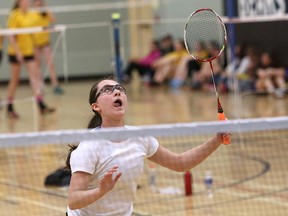 Kalie Rheault, of College Notre-Dame, competes in the midget girls' singles final at the NOSSA championship at St. Benedict Catholic Secondary School in Sudbury, Ont. on Saturday April 18, 2015.