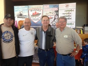 Ryan Trotter (left), Marc Pitre, Jim Hutchins and Peter Levick of Muskies Canada were thrilled with how the organiztion's first ever fishing flea market went over in Azilda on Sunday.