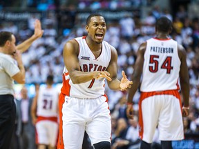 Toronto Raptors Kyle Lowry reacts during second half action against the  Washington Wizards in Game 1 at the Air Canada Centre in Toronto, Ont. on Saturday April 18, 2015. (Ernest Doroszuk/Toronto Sun/Postmedia Network)