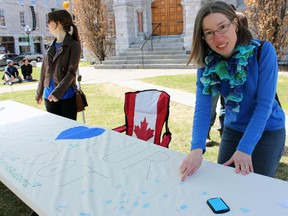 Kim Sutherland Mills, co-ordinator of the Blue Dot Movement's Kingston and Frontenac Chapter. The chapter participated in a national day of action called Connect the Blue Dots. (Steph Crosier/The Whig-Standard)
