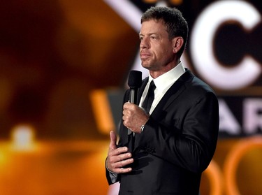 TV personality/ retired NFL player Troy Aikman speaks onstage during the 50th Academy Of Country Music Awards at AT&T Stadium on April 19, 2015 in Arlington, Texas.   Ethan Miller/Getty Images for dcp/AFP