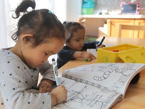 Twins Binh, right, and Phuoc Wagner colour in the family's home in Kingston on March 10, 2015. Binh recently received a life saving liver transplant in Toronto. Phuoc is recovering after surgery where she received a portion of her father's liver in February. ELLIOT FERGUSON/KINGSTON WHIG-STANDARD/POSTMEDIA NETWORK