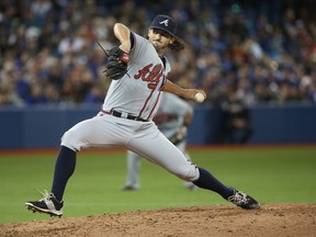 Braves pitcher Andrew McKirahan, seen here in action against the Blue Jays on April 19, 2015 in Toronto, was suspended 80 games by MLB for testing positive for Ipamorelin. (Tom Szczerbowski/Getty Images/AFP)