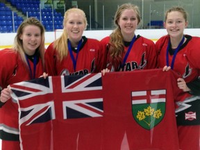Four members of the Seaforth/Exeter U19A ringette team from Mitchell – Emily Neubrand (left), Claire Rocher, Hailey Wietersen and Avery Wedow - won the gold medal at the Eastern Canadian Ringette Championships in Moncton, New Brunswick this past weekend. SUBMITTED PHOTO