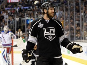 Jarret Stoll #28 of the Los Angeles Kings reacts in the second period while taking on the New York Rangers during Game 5 of the 2014 Stanley Cup Final at Staples Center on June 13, 2014 in Los Angeles, California. (Harry How/Getty Images/AFP)