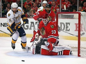 Blackhawks goalie Scott Darling makes a save during Game 3 against Nashville. Darling has stopped 77 of 79 shots he has faced. (Getty Images/AFP)