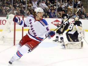 New York Rangers left winger Carl Hagelin celebrates after scoring a goal against Pittsburgh Penguins goalie Marc-Andre Fleury during the first period in Game 3 of the first round of the 2015 NHL playoffs at the CONSOL Energy Center on April 20, 2015. (Charles LeClaire-USA TODAY Sports)