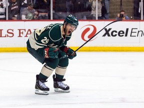 Minnesota Wild forward Jason Pominville celebrates his goal during the second period in Game 3 of the first round of the 2015 NHL playoffs against the St. Louis Blues at Xcel Energy Center on April 20, 2015. (Brace Hemmelgarn/USA TODAY Sports)