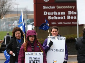 Secondary school teachers picket the Durham Region School Board building in Whitby on Monday. (MICHAEL PEAKE, Toronto Sun)