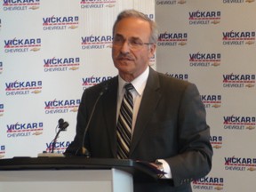 Larry Vickar, president of Vickar Community Chevrolet, speaks at a press conference at his Winnipeg dealership on Tuesday. The dealership is the top-performing GM dealership in the country. (JIM BENDER/WINNIPEG SUN/POSTMEDIA NETWORK)