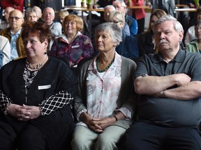 Don Dennee, left, Anne Storring, Jenny Ellis and Jack Aldridge attend a Kingston and District Sports Hall of Fame media luncheon at the Rogers K-Rock Centre on Tuesday. Dennee, Ellis and Aldridge are among this year’s inductees as well as the late Bob Storring, who was represented by his wife Anne. (James Paddle-Grant/For The Whig-Standard)