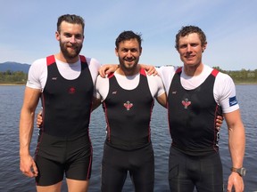 Kingston’s Rob Gibson is flanked by Brockville’s Conlin McCabe, left, and Will Dean of Kelowna, B.C. at the Rowing Canada Western Spring Trials in Burnaby, B.C., last weekend. Gibson finished first, McCabe second and Dean third in the senior single sculls A final. (Rowing Canada)