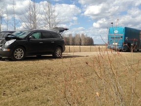 The aftermath of a crash involving Premier Jim Prentice's campaign bus and his security detail. (Dania Gravelle/B-94 radio/supplied)