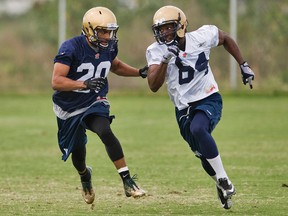 Winnipeg Blue Bombers defensive back Johnny Adams covers receiver Justin Wilson during a CFL football workout at mini-camp in Bradenton, Fla. on April 20, 2015. (Steven Nesius/Postmedia Network)