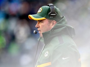 Green Bay Packers head coach Mike McCarthy looks on in the second half while taking on the Seattle Seahawks during the 2015 NFC Championship game at CenturyLink Field on January 18, 2015. (Christian Petersen/Getty Images/AFP)