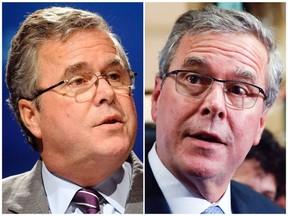 A combination of file photos of former Florida Gov. Jeb Bush shows him speaking in Lake Buena Vista, Fla., June 21, 2012, left, and campaigning in Hudson, N.H., March 13, 2015. Bush, expected to seek the Republican presidential nomination in 2016, is on the popular Paleo diet, which is based on what are believed to be the eating habits of the Paleolithic hunters and gatherers. (REUTERS/David Manning/Shannon Stapleton/Files)